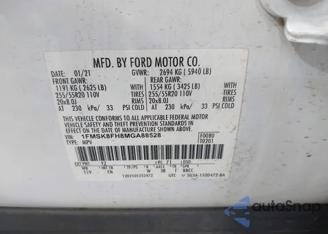 2021 Ford Explorer Limited из США, поврежденный, VIN 1FMSK8FH8MGA88528